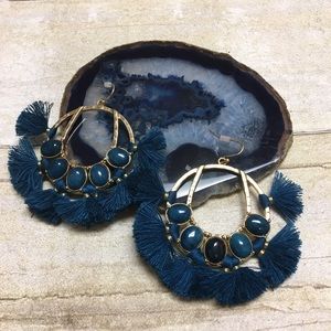 Blue Beaded Tassel Dangle hook Earrings